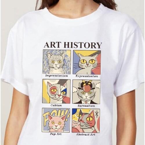Sunfiz Art History Cat Funny Printed T Shirt Women Short Sleeve Cotton Fashion O-Neck Printing Tops