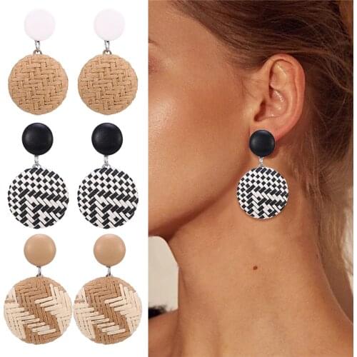 HOCOLE Vintage Rattan Weave Braided Drop Earring For Women Round Square Hollow Drop Female 2019 dangle drop fashion handmade