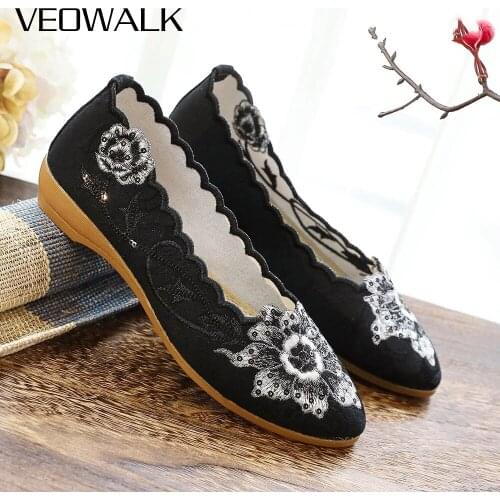 Veowalk Flower Embroidered Women Jacquard Cotton Fabric Ballet Flats Pointed Toe Slip On Soft Comfortable Lady Ballerinas Shoes