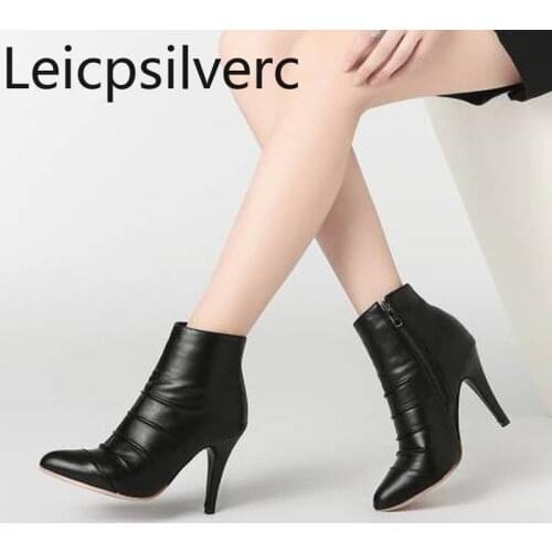 Womens Boots Autumn And Winter The New Pointed zipper Pleated Fine heel High heel Short tube Womens shoe plus size 28-52