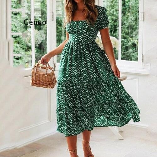 Summer Dress Vintage Print Puff Sleeve Women Dress 2020 Sweet High Waist Square Collar Green Print Mid Dresses Slim Vestidos