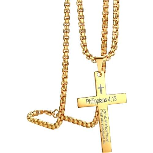 BONISKISS Mens Cross Pendant Necklaces Silver Color Choke Stainless Steel Jewelry Long Suspension Necklaces Biblical Verse