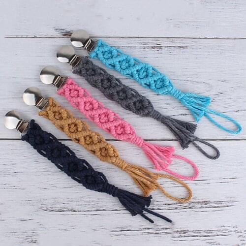 Baby Infant Cotton Pacifier Clip Hand-Made Braided Universal Pacifier Holder with Hooks Infant Newborn Teething Soother Chew