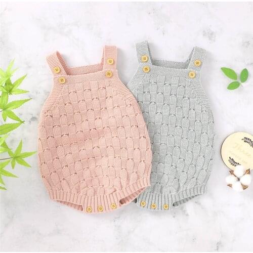 Infant Baby Knitted Jumpsuit, Cotton Sleeveless Sling Loose Solid Color Button Closure Patchwork Romper Hollow Out