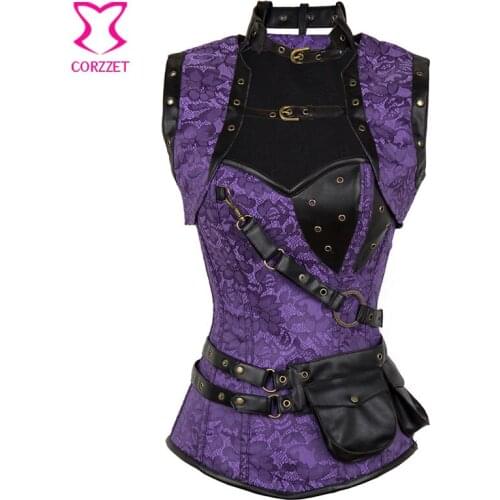 Purple Floral Jacquard Steel Boned Corset Steampunk Jacket Pouch Belt Burlesque Outfits Korsett For Women Sexy Gothic Clothing