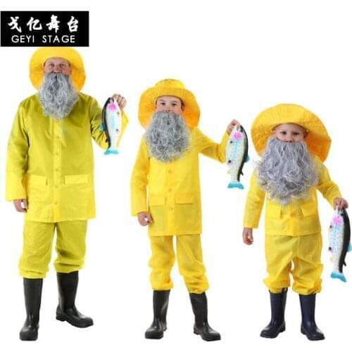 Cos fisherman costume Halloween Childrens Day performance clothing adult children fishing clothing bright yellow raincoat paren