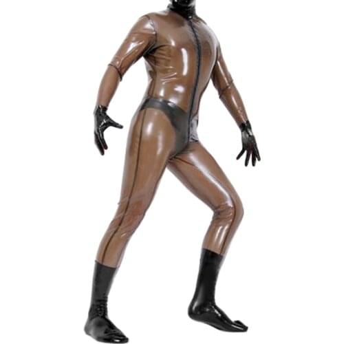 Transparent Black Front Zip Male Latex Catsuit Rubber Fetish Bodysuit Gloves and Socks Separeated S-LCM127