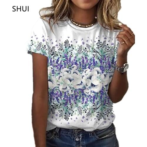 New Womens Fashion Trend Round Neck Short Sleeve Top Casual Floral Print Pullover Summer Loose Large Size All-match T-shirt