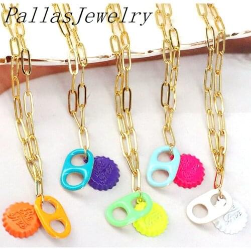 5Pcs Fashion Colorful Soda Pop Tab Necklace Charm Gold Link Chain Necklace Enamel Charm Women Girl Summer Jewelry