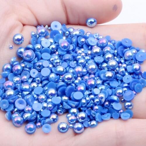 1000/500pcs 2-5mm and Mixed Size Blue AB Glue on ABS Imitation Half Round Pearls Resin Flatback Beads For Craft Jewelry Making