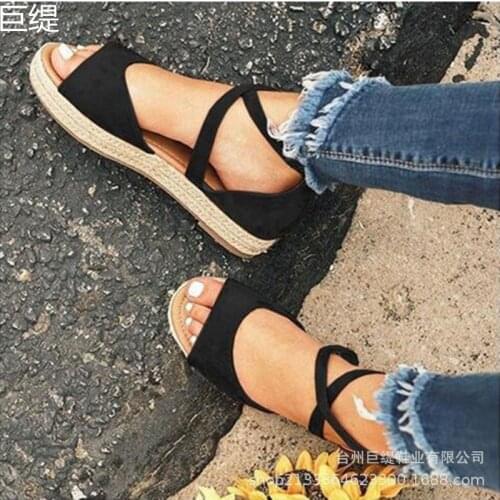 Summer Womens Sandals Flat Round head Wedge Muffin with Buckle Solid color Scrub Wedge Woman Rome Style Cross Tied Sandals Shoe