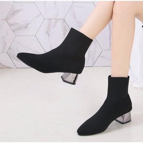 Womens Sock Boots Ladies Stretch Fabric Shoes Breathable Woman Casual Comfortable Ankle Boots Female Mid Thick Heels Footwear