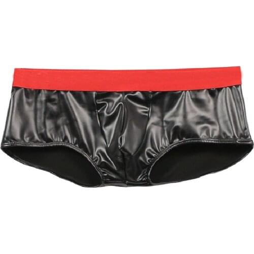 Sexy Mens Convex Crotch Mens Underwear Boyshorts Plus-Size Low-rise Boxers Stage Suit Latex Leotard Faux Leather PU Underpants