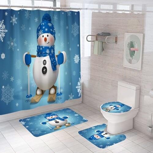 Blue Snowman Shower Curtain 3d Cartoon Cute Gift With Non Slip Rug Mat Bathroom Curtains Waterproof Polyester Home Decor 180x180
