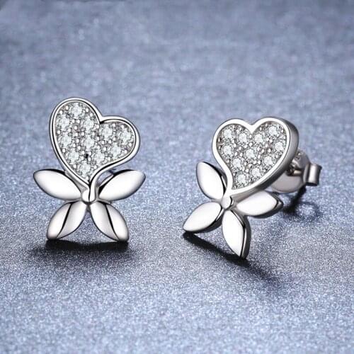 SODROV Hot Romantic 925 Sterling Silver Jewelry Natural Heart Butterfly Party Stud Earrings for Women Bijoux I127