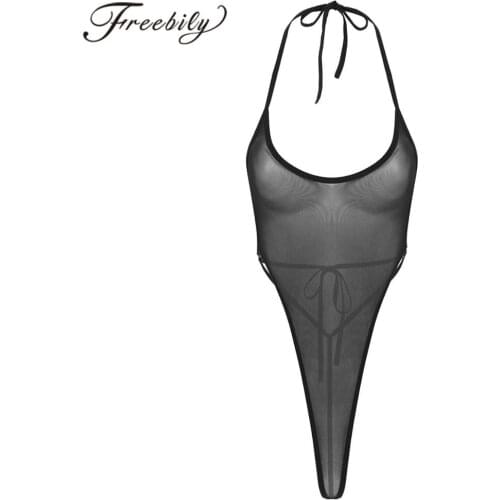 Womens One-piece Swimwear Sexy See Through Sheer Mesh Lingerie Halter Neck Sleeveless Strappy Backless High Cut Thong Bodysuit