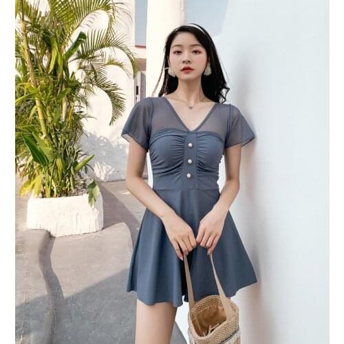 2021 New Korea Style One Piece Swimsuit Women Solid Swimwear Push Up Monokini Swim Suit Trikini Skirt Bathing Suit