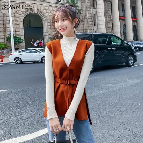 Vests Waistcoats Women Simple Belt Elegant Slim Female Korean Style Fashion College V-neck Streetwear All Match Solid Autumn New