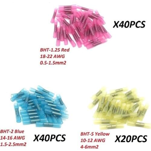 100PCS Electrical BTH1.25 BHT2 BHT5 Heat Shrink Butt Crimp Terminals Red Blue Yellow 3 Sizes Mixed Insulated Wire Connectors