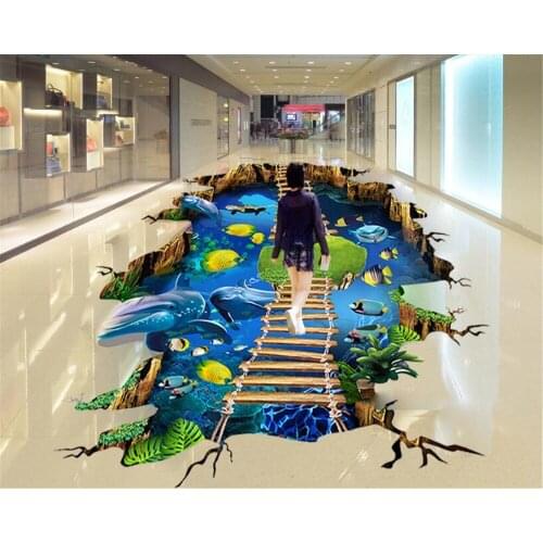Beibehang 3D Ocean World Dolphin Ladder Floor Painting 3D Floor Bedroom Bathroom 3D Floor PVC Non-slip Floor Stickers photo