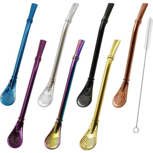 7 Pcs Reusable Steel Drinking Straws With Filter Spoon For Yerba Mate Bombilla, Stirring Spoon Set With Cleaning Brush