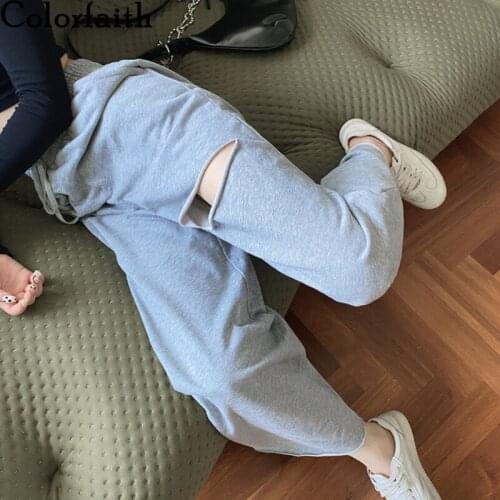Colorfaith New 2021 Womens Spring Autumn Women Pants Wide Leg High Waist Sweatpants Jogging Hole Ankle-Length Trousers P6040