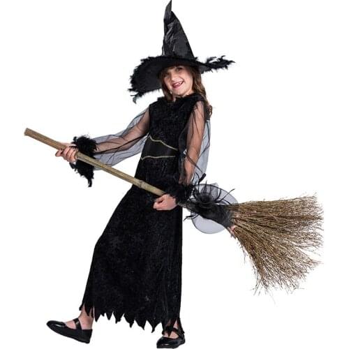 Halloween Cosplay Costumes for Kids Fashion New Dark Evil Broom Curse Witch Feather Cuff Chiffon Sleeve Black Long Dresses
