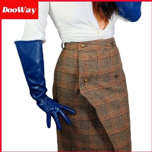 DooWay Womens Long Evening Gloves Faux Leather Wide sleeve Over Elbow Length 20 inches Navy Blue