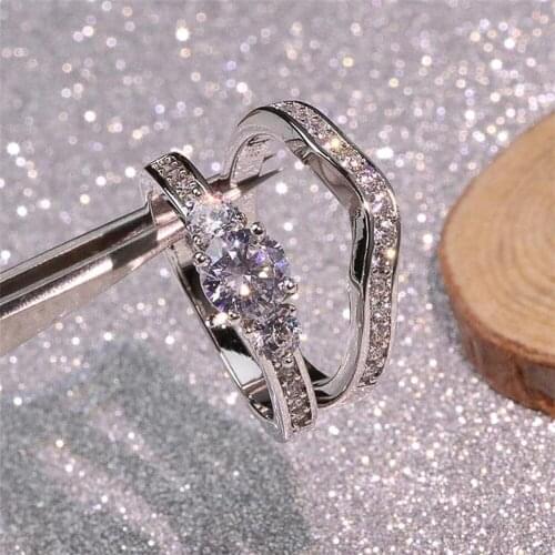 JK Double Stackable Set Rings for Women Silver Color 2Pcs Wedding Ring Shiny Cubic Zircon Anniversary Gift Statement Jewelry