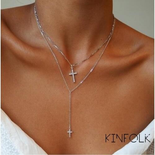 KINFOLK Fashion Cross Crystal Layered Chain Choker Necklace For Women Punk Long Pendant Necklace Gold Color Jewelry 2020