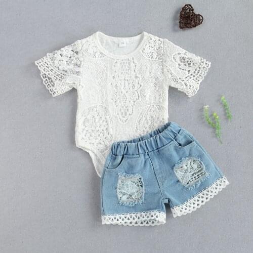 Pudcoco Newborn Baby Girls Outfit Summer Breathable Round Collar Short Sleeve Hollow Lace Romper Ripped Denim Shorts Set Newest