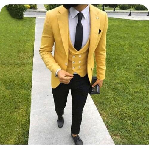 Custom Made Yellow Men Suits for Wedding Notched Lapel Slim Fit Groom Tuxedo Groomsmen Suit Bridegroom Blazer Costume Homme