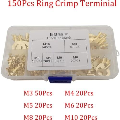 150Pcs/Box Brass Ring Crimp Terminals M3 M4 M5 M6 M8 M10 Non-Insulated Copper Ring Lugs Ring Eyes Cable Lug Wire Connector Kit