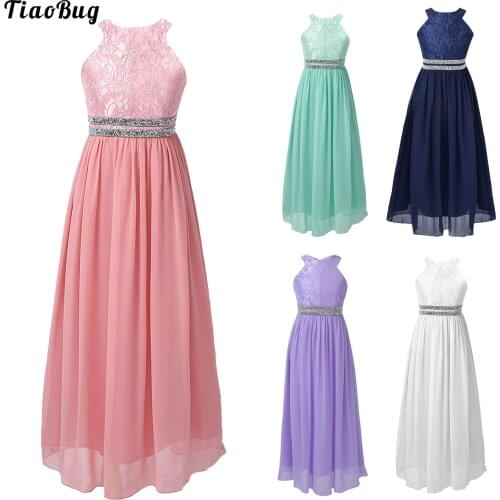 TiaoBug Summer Kids Girls Halter Neck Floral Lace Sleeveless Chiffon Dress Wedding Bridesmaid Party Gown