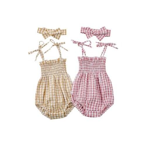 0-24M Summer Cute Baby Girls Boys Rompers Simple Fashion Plaid Printed Sleeveless Strapless Belt Jumpsuits