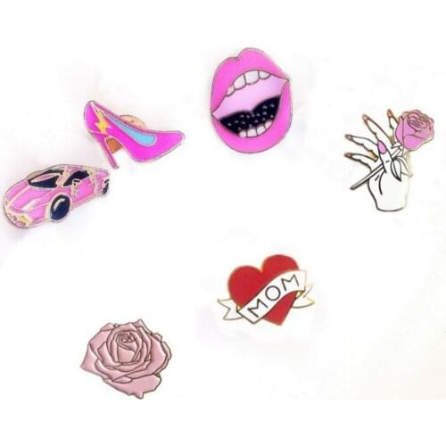 Timlee X117 Cartoon Cute Love Mom Heart Car Rose flower Red Lip High Heel Shoe Metal Brooch Pins Button Pins Girl Gift Wholesale