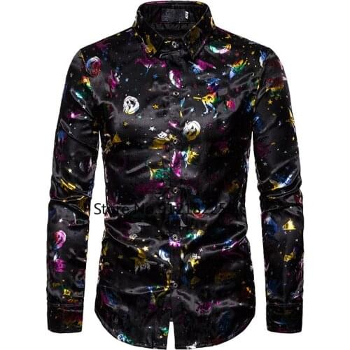 Fashion Halloween Silk Satin Shirt Men Chemise Homme 2021 Brand Slim Fit Long Sleeve Mens Dress Shirts Party Stage Singer Shirt