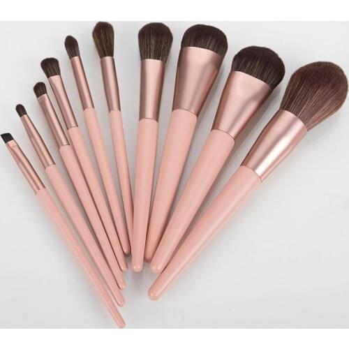 Top quality new color 10pcs makeup brushes set wooden handle with aluminum tube and nylon wool with bag