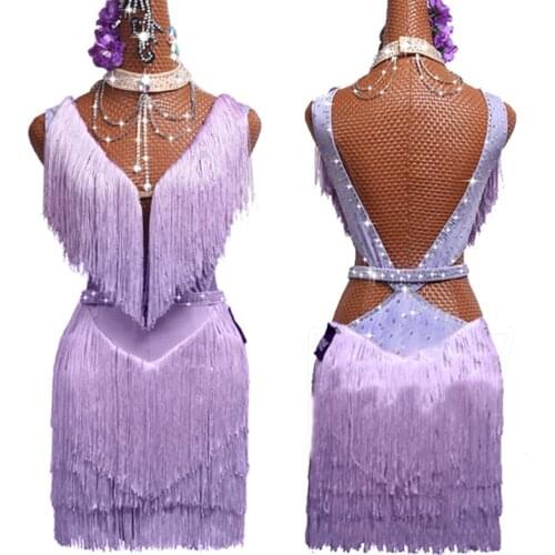 New Latin Dance Costume Women Sexy Purple Fringe Latin Dress Backless Cha Cha Rumba Performance Dresses Girls Customize BL6887