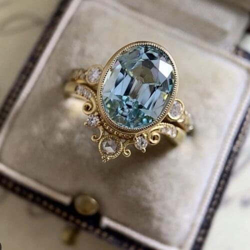 2 Pcs/Set New Vintage Big Oval Blue Zircon Rings For Women Gold Color Female Jewelry Wedding Party Accessories Birthstone Gifts