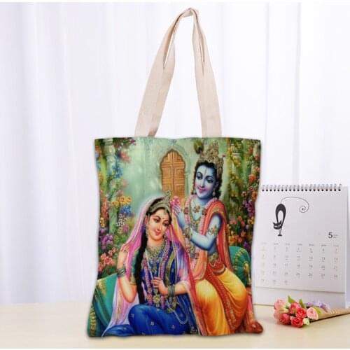 Custom Radha Krishna Tote Bag Women Canvas Fabric Bags Eco Reusable Shopping Bags Traveling Beach Casual Useful Shoulder Bag