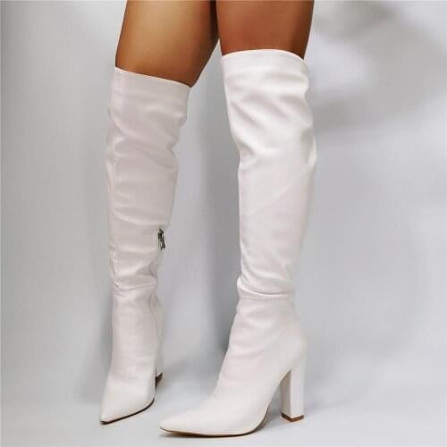 Drop Shipping Woman Fashion White Color Over The Knee Boots Pointed Toe Chunky Heels Thigh High Long Leather Boots Plus Size 45