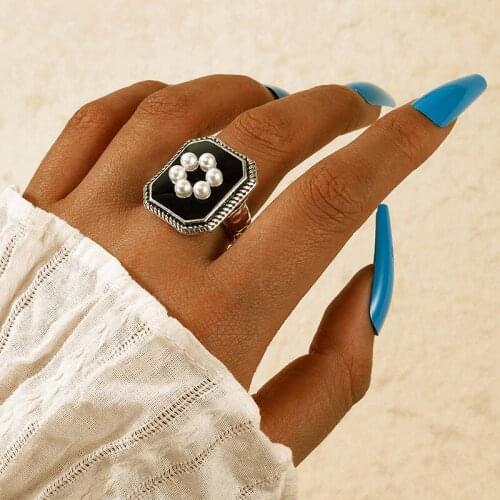 Tocona Luxury Pearl Stone Flowers Single Ring for Women Girls Black Square Geometry Alloy Metal Wedding Jewelry кольца 17858