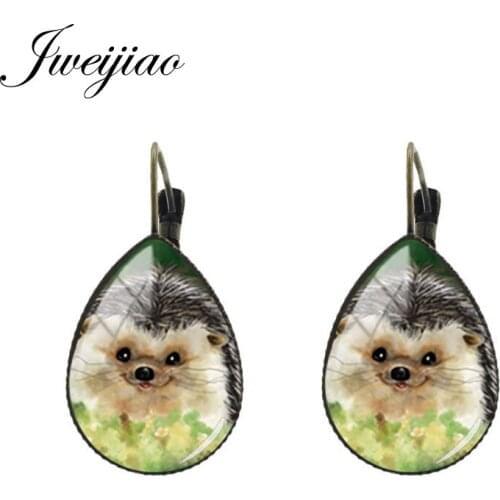 JWEIJIAO Lovely Hedgehog Family Pattern Earrings Water Drop Glass Pendant Ear Clip Cute Animal Jewelry Vintage Women Gift H227