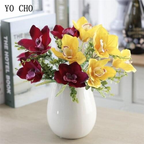 YO CHO 5 Heads Orchid Silk Artificial Flowers Imitation DIY Romantic Orchids Floral for Wedding Party Home Decor Fake Flores