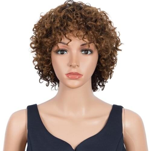 Trueme Short Curly Wig With Bangs Pixie Cut Colored Brazilian Human Hair Wigs For Women Ombre Black Brown Jerry Curl Full Wig