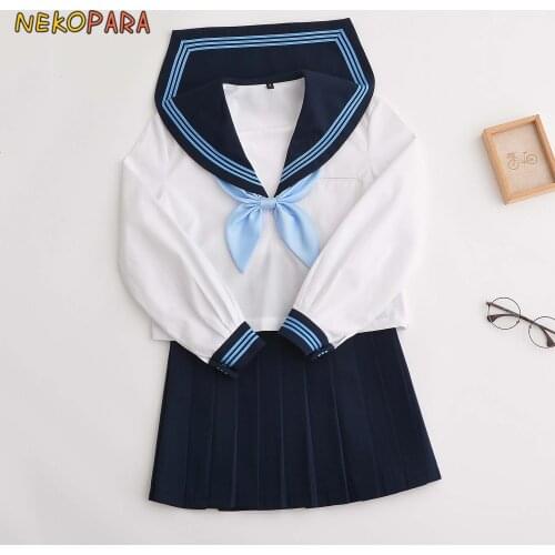Classic Kansai Style Cute Japanese Girls Uniform JK 3Pcs Set: Long Sleeves Sailor Collar Blouse Shirt + Pleated Skirt + Bow Tie