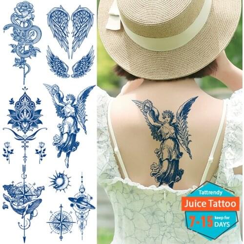 Angel wings temporary tattoo for women men body art juice ink safe tattoo long lasting snake dragon rose moon sun space tattoo