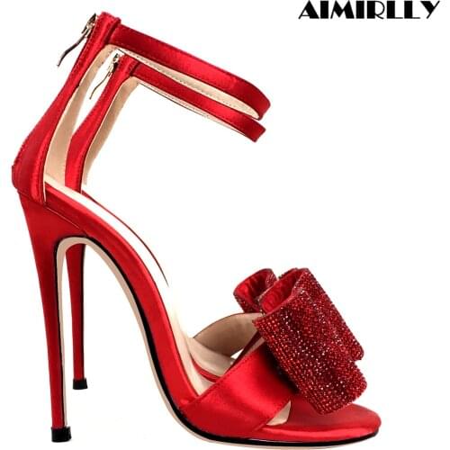 Women Shoes Peep Toe High Heels Sandals Elegant Stilettos Red Satin Crystal Bow Ladies Wedding Evening Party Dress Heels Zipper