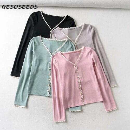 Long sleeve top women sexy t shirt korean knitted tshirt summer lace patchwork top solid v neck button up shirt black pink 2021